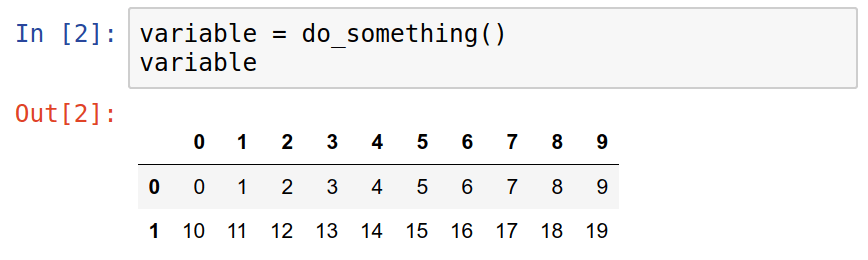 Jupyter notebook cell with a line of Python code: variable = do_something() followed by another line of Python code: variable, followed by a DataFrame showing the result.