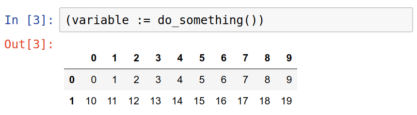 Jupyter notebook cell with Python code: (variable := do_something()) followed by a DataFrame showing the result.